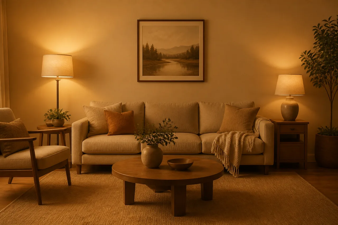 Minh họa cho “tổng thể ấm”: Warm amber neutrals across the image.