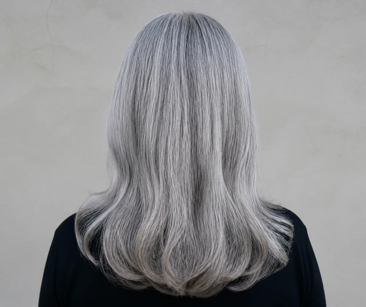 Minh họa cho “Màu tóc”: silver-gray hair under neutral soft daylight.