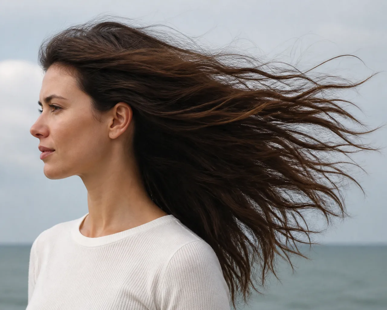 Minh họa cho “Chuyển động tóc”: windswept hair flowing frame right in a strong coastal breeze.