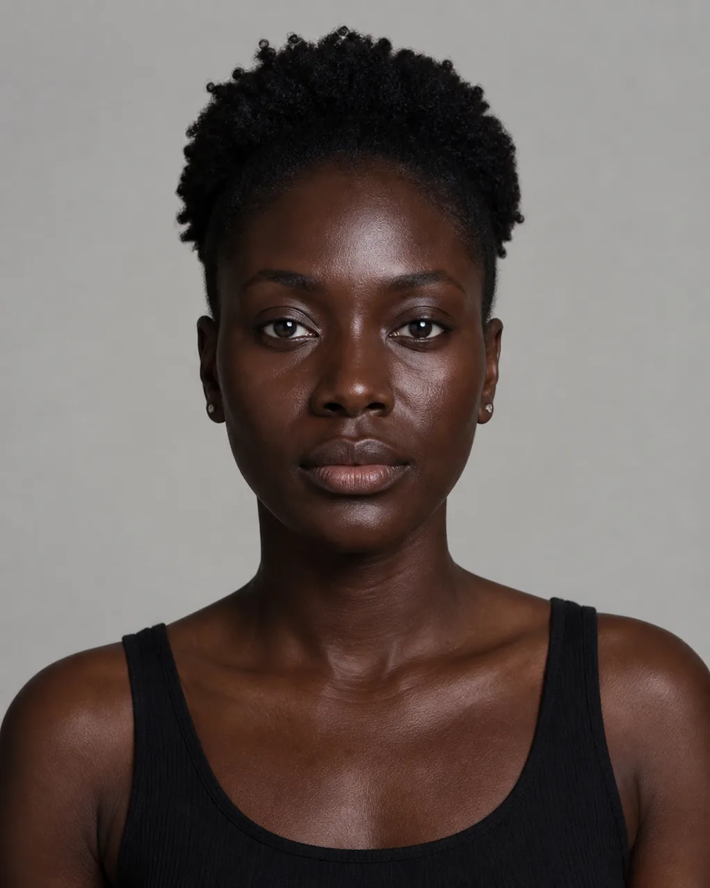 Minh họa cho “Tông da”: a studio portrait of a person with deep skin under neutral daylight.