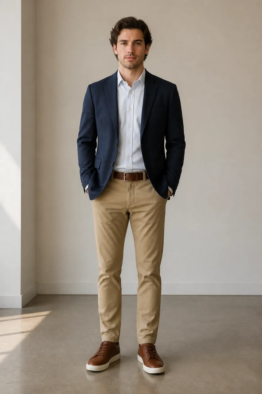 Minh họa cho “Độ trang trọng”: smart-casual styling with a structured jacket.