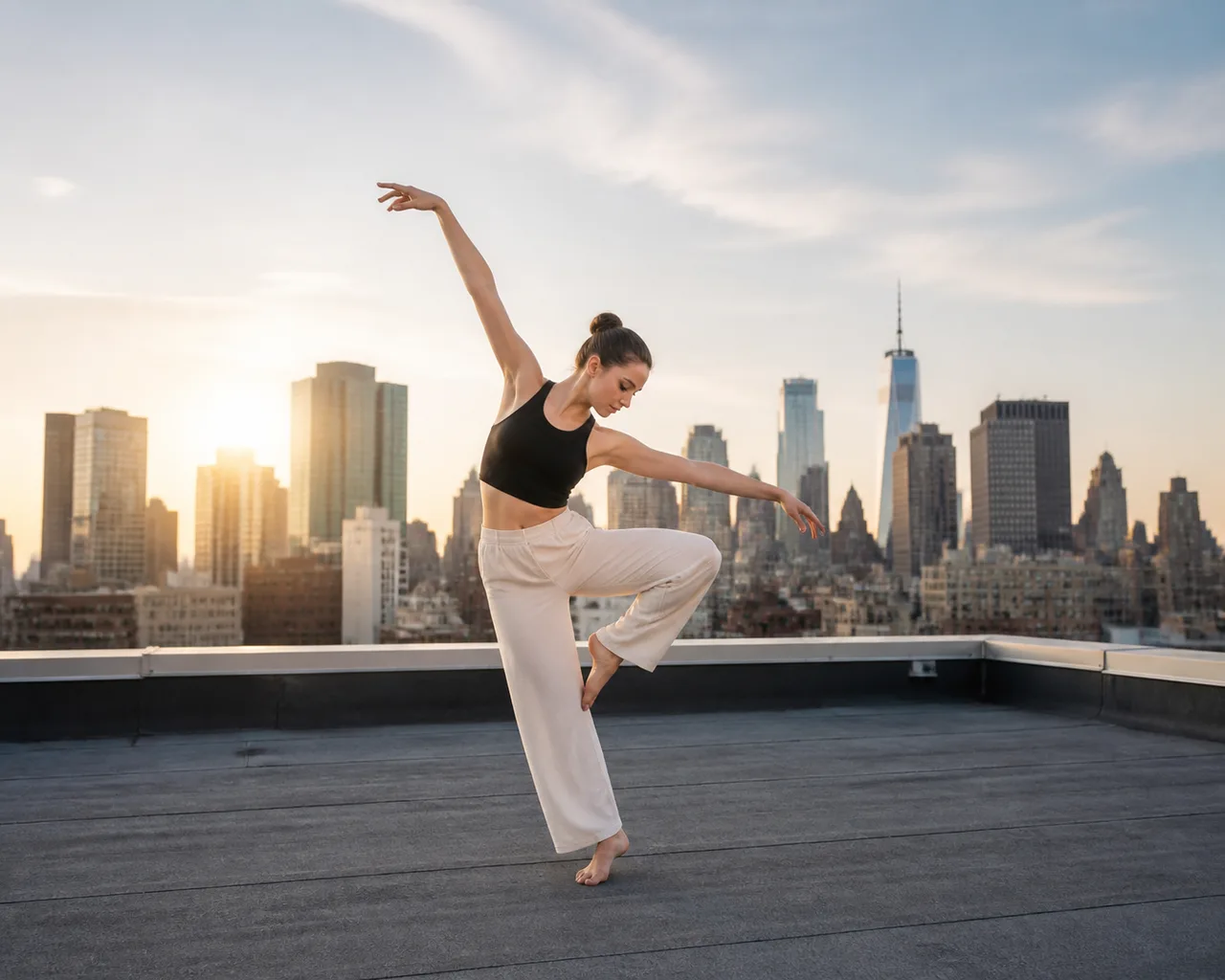 Minh họa cho “sân thượng”: A dancer on a city rooftop.