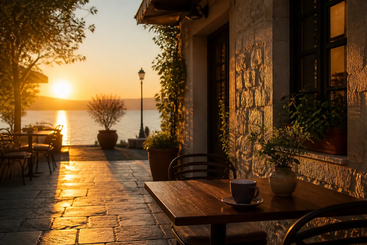 Minh họa cho “giờ vàng”: A quiet café terrace at golden hour.