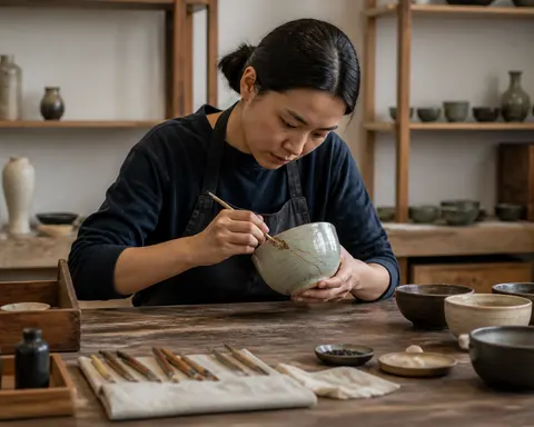 Minh họa cho “Vai trò”: a craftsperson repairing a ceramic bowl at a wooden workbench.