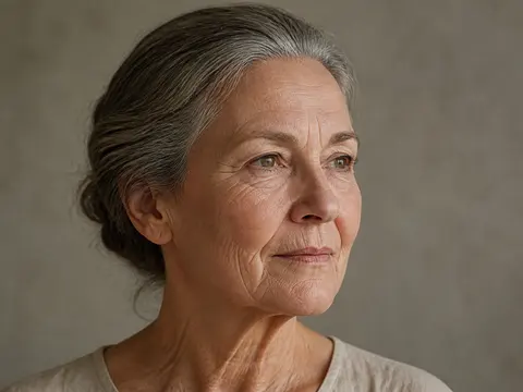 Minh họa cho “Chi tiết tuổi da”: an older adult with visible mature facial lines and soft side light.