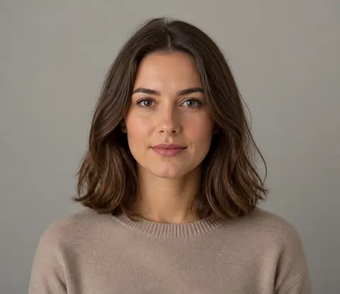 Minh họa cho “Độ dài tóc”: shoulder-length hair fully visible in a chest-up portrait.