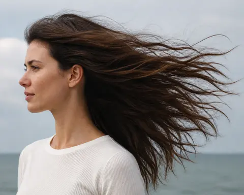 Minh họa cho “Chuyển động tóc”: windswept hair flowing frame right in a strong coastal breeze.
