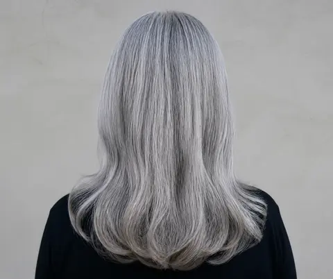 Minh họa cho “Màu tóc”: silver-gray hair under neutral soft daylight.