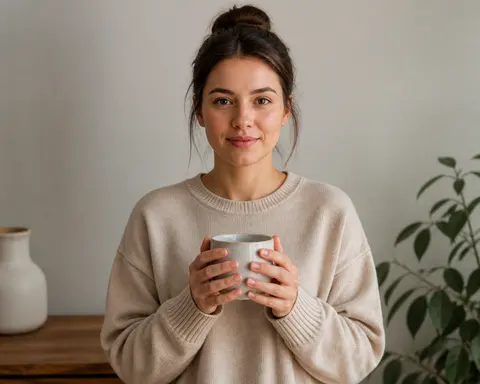 Minh họa cho “Vị trí bàn tay”: holding a ceramic cup with both hands at chest height.