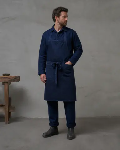Minh họa cho “Trang phục”: a craftsperson wearing practical indigo workwear and an apron.