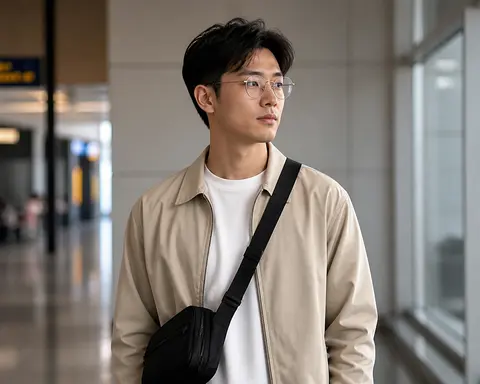 Minh họa cho “Phụ kiện”: a traveler wearing thin metal-frame glasses and a small crossbody bag.