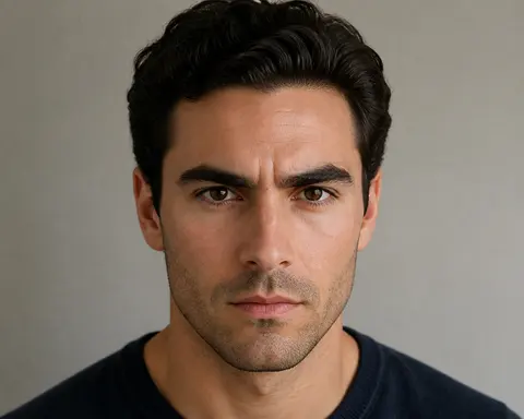 Minh họa cho “Nhấn lông mày”: focused expression with strongly defined eyebrows.