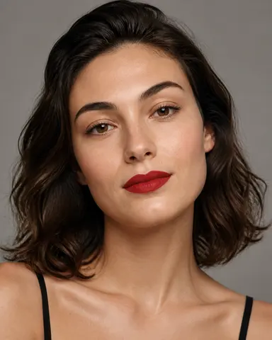 Minh họa cho “Trang điểm môi”: a close portrait of a synthetic adult wearing matte red lipstick under neutral studio light.