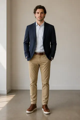 Minh họa cho “Độ trang trọng”: smart-casual styling with a structured jacket.