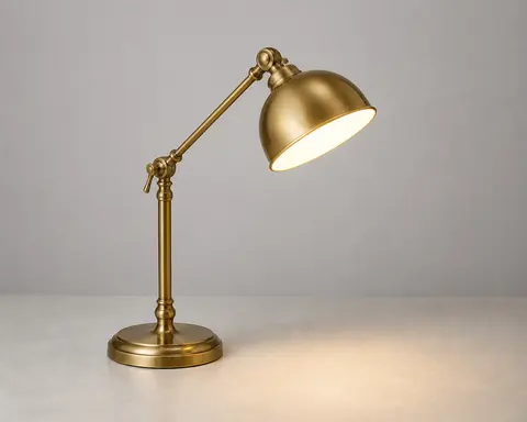 Minh họa cho “Công năng”: a brass desk lamp used as the scene's practical light.