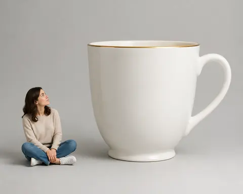 Minh họa cho “Tỷ lệ”: an oversized teacup three times taller than the seated person.
