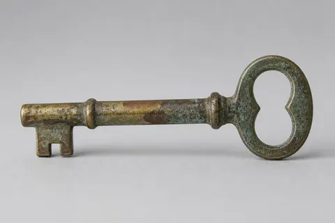 Minh họa cho “Dấu hao mòn”: an old brass key with an oxidized patina and worn edges.