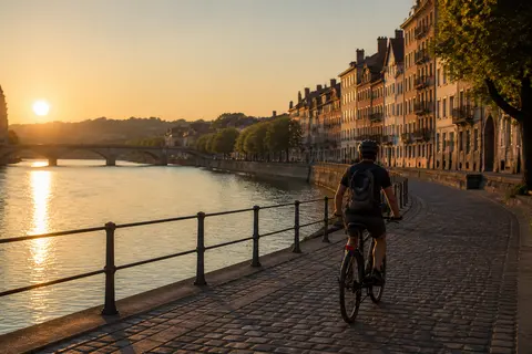 Minh họa cho “khu phố ven sông”: A cyclist in a riverside district at golden hour.