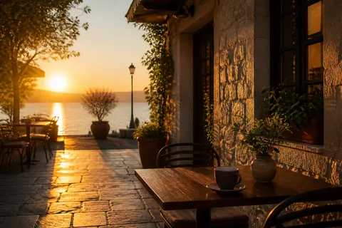 Minh họa cho “giờ vàng”: A quiet café terrace at golden hour.