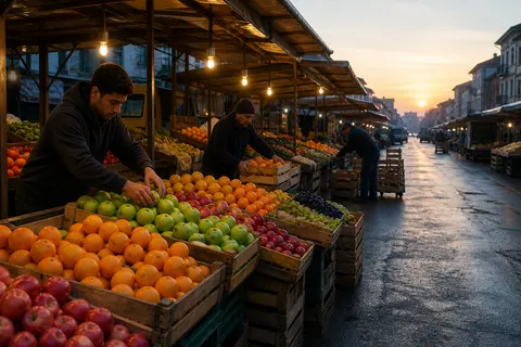 Minh họa cho “chợ vừa mở cửa”: Vendors arranging fruit as the market is opening for the day.
