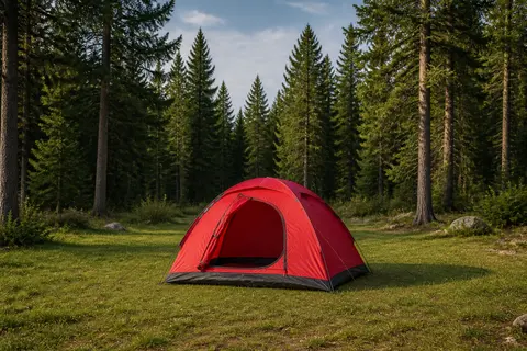 Minh họa cho “khoảng trống trong rừng”: A red tent in a forest clearing.
