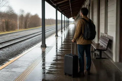 Minh họa cho “khoảnh khắc vừa đến”: A traveler pausing at an empty platform after arriving.