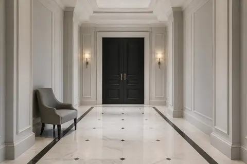 Minh họa cho “gần đối xứng”: A near-symmetric hallway with one chair offset.