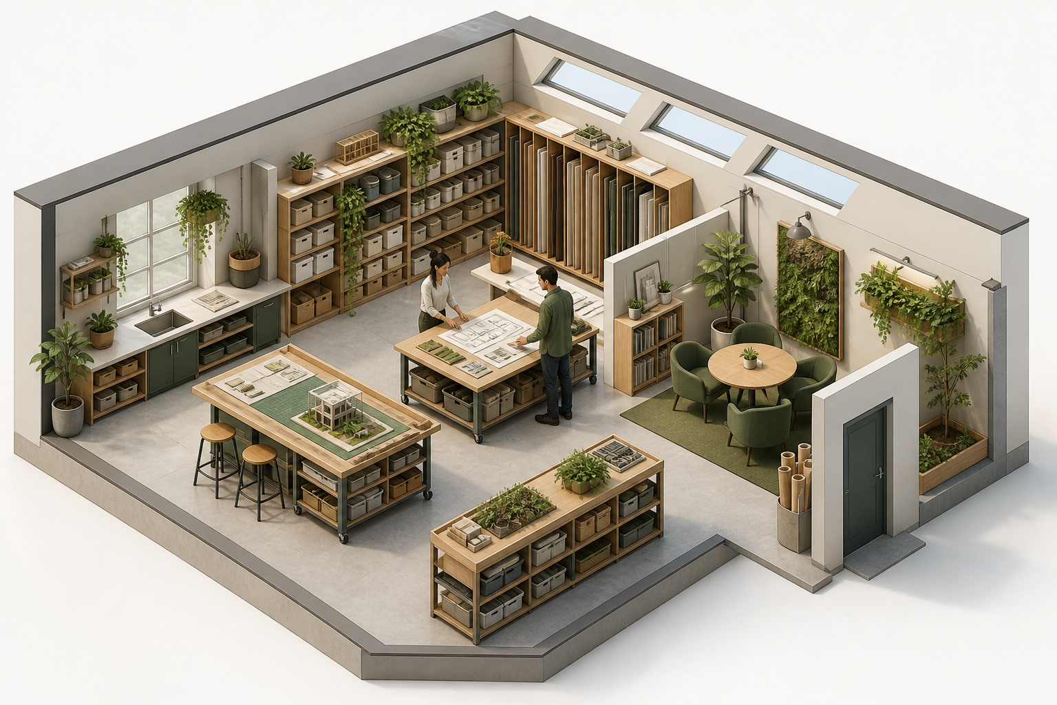 Mặt cắt 3D đẳng phối của studio thiết kế bền vững với bàn làm việc, kho vật liệu, cây xanh và hai người lớn cộng tác.