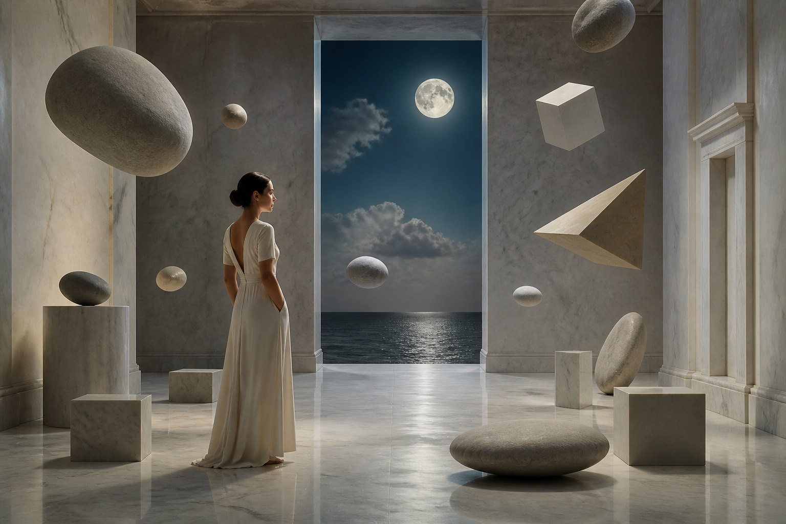 Không gian cẩm thạch siêu thực, nơi cánh cửa mở ra biển trăng và đá cùng khối hình học không chữ lơ lửng quanh một phụ nữ trưởng thành.