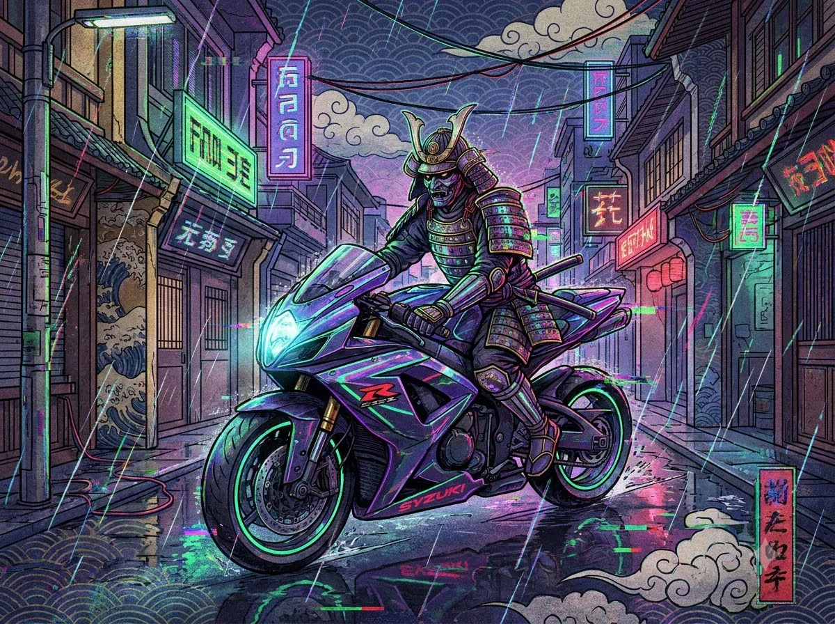 Cyberpunk + Ukiyo-e + Glitch Art, kết quả Gemini.