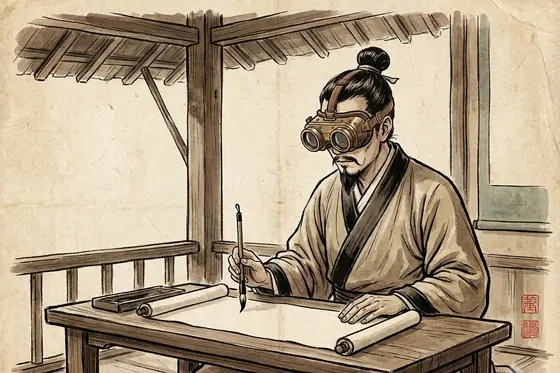 Anachronistic Art — A feudal Vietnamese scholar wearing VR goggles holding a brush., kết quả Gemini.