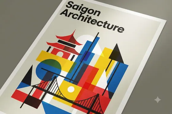 Bauhaus — A poster design for "Saigon Architecture" with geometric shapes., kết quả Gemini.