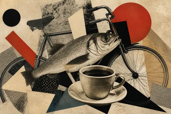 Dada Art — A chaotic collage of a bicycle, a fish, and a coffee cup., kết quả ChatGPT.