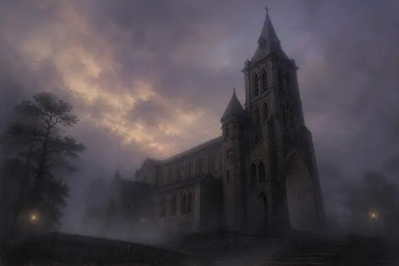 Gothic — Da Lat Cathedral covered in thick fog at twilight., kết quả ChatGPT.