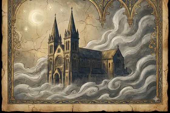 Gothic — Da Lat Cathedral covered in thick fog at twilight., kết quả Gemini.