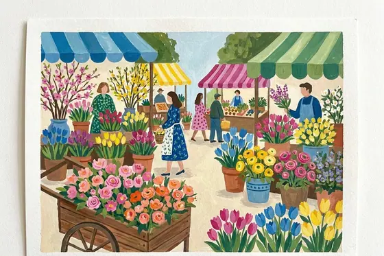 Gouache — A vibrant flower market scene during Spring. (Cảnh chợ hoa rực rỡ vào mùa xuân.), kết quả Gemini.