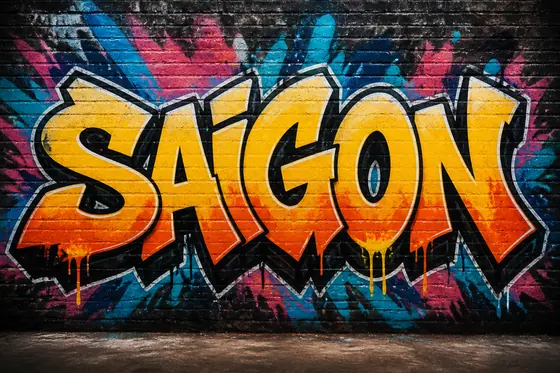 Graffiti — The word "SAIGON" in bold street art letters on a brick wall., kết quả ChatGPT.