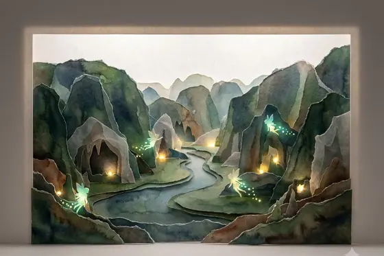 Paper Cut Craft + Watercolor + Fantasy Storybook — A layered paper landscape of Trang An with soft watercolor textures and magical glowing fairies., kết quả Gemini.