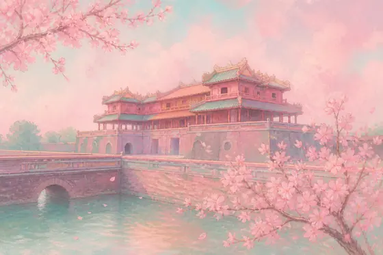 Pastel — A dreamy scene of Hue Imperial City with soft pink and mint colors., kết quả ChatGPT.