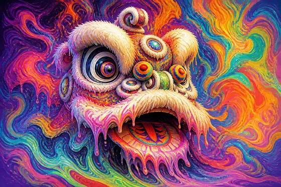 Psychedelic — A traditional Lion Dance head with swirling, melting colors., kết quả ChatGPT.