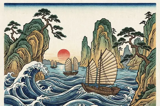 Ukiyo-E — Ha Long Bay with junk boats and stylized waves., kết quả Gemini.