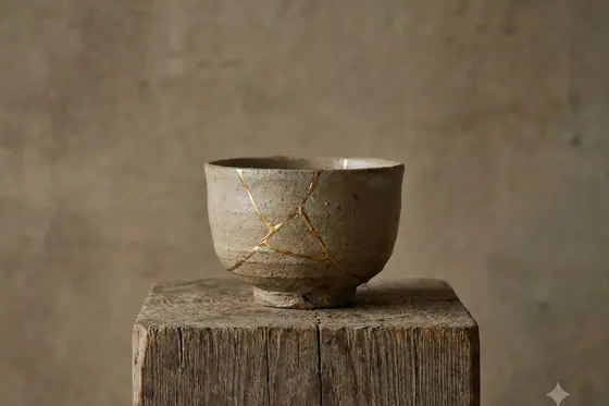 Wabi-Sabi — A broken tea cup mended with gold lacquer., kết quả Gemini.