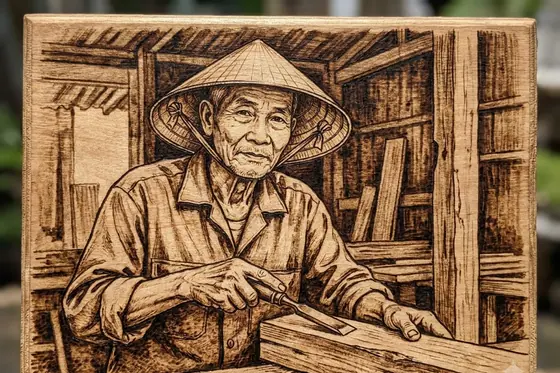 Wood Burned — Portrait of a Vietnamese carpenter (Chân dung một người thợ mộc Việt Nam), kết quả Gemini.